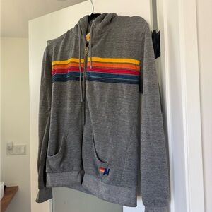 Aviator Nation Heather Gray Hoodie with Yellow, Red, Pink & Navy Stripes